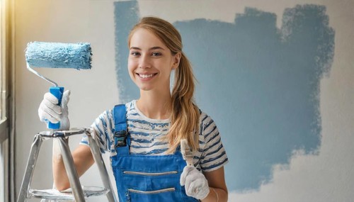 AI generated, woman, woman, a young girl paints a wall with new paint, blue, light blue, blue,