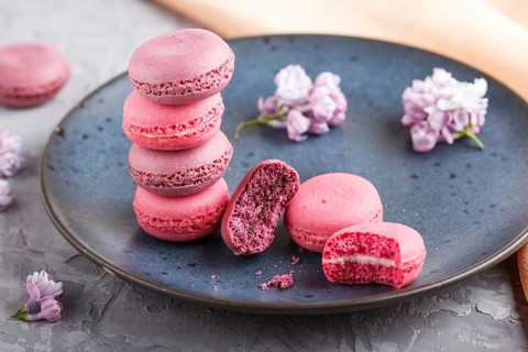 Purple and pink macaron or macaroon cakes with lilac flowers on blue ceramic plate on a gray