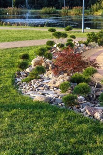 Elements of modern landscaping near restaurants. Druskininkai. Lithuania. Ornamental stone,