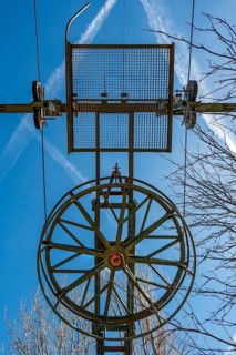 Large wheel on the end mast of a disused ski lift on the Buchenberg, Buchenberg, Allgaeu, Bavaria,