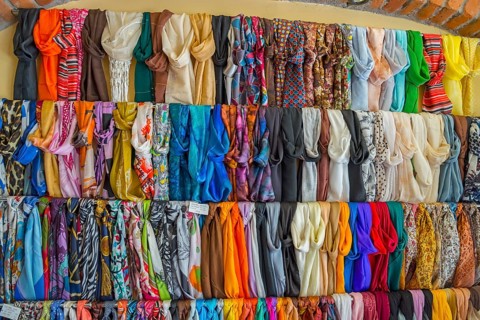 Display of many colourful scarves lined up in a shop, silk scarves, Soufli, Eastern Macedonia and
