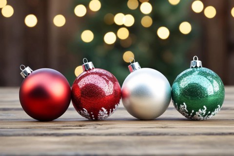 Red, white and green Christmas tree baubles on wooden table with bokeh lights in background. KI