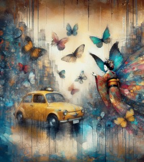 Whimsical scene with a winged woman, butterflies, and a classic yellow car, japanese themed shunga
