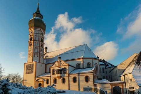 Andechs Monastery in winter, sunset, Fuenfseenland, Pfaffenwinkel, Upper Bavaria, Bavaria, Germany,