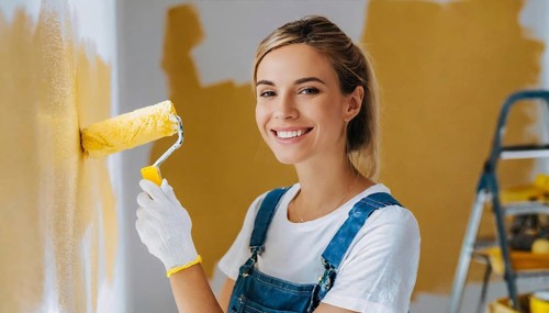 AI generated, woman, woman, a young girl paints a wall with new paint, yellow, yellow, renovation