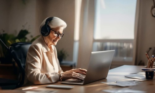An elderly gray-haired woman in headphones works in the office at a laptop, AI generated