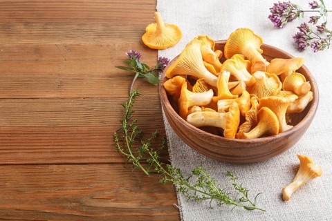 Chanterelle mushrooms in wooden bowl and spice herbs on wooden background with linen textile. side
