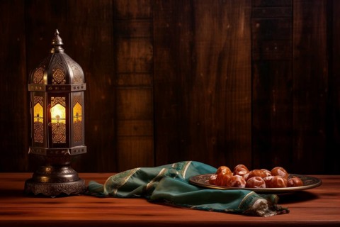 Ramadan lantern with a plate of succulent figs on dark background, set on an ornate table with