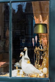 Shop window with geese, historical, market, junk, retail, shopping, buy, decoration, display,