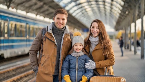 AI generated, A young family wants to travel and waits in the station for the train, 30, 35, years,