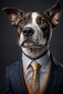 A dog in a formal suit and tie portrays a humorous anthropomorphic character, over grey solid