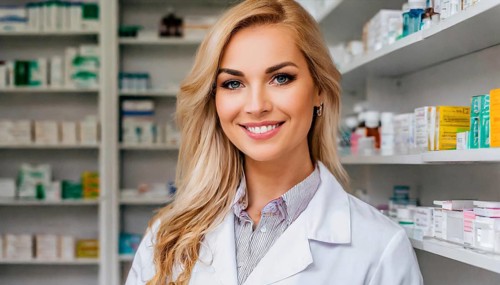 AI generated, A young pharmacist in her pharmacy, portrait, 30, 35, years, female, blonde, blond,