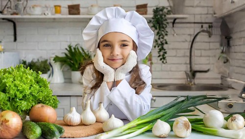 AI generated, human, humans, person, persons, child, children, 8 year old girl cutting onions in a