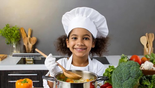AI generated, human, humans, person, persons, child, children, 8 year old girl cooking a vegetable