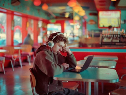A young man with headphones is focused on his laptop in a colorful retro diner, boy with headphones