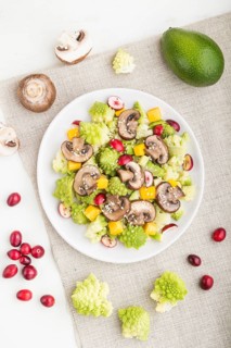 Vegetarian salad from romanesco cabbage, champignons, cranberry, avocado and pumpkin on a white
