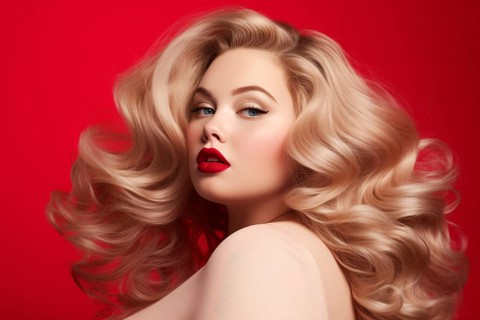 Pretty plus size woman with glamourous makeup with red lipstick and long blond hair in front of red