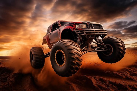 Monster truck driving and jumping outdoors amidst a cloud of dust. Thrill and adrenaline of an