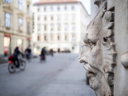 Face, artistic stone carving, Graz, Styria, Austria, Europe