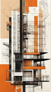Colorful architectural drawing of a building section with orange background, vertical aspect ratio,