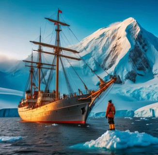 The research vessel of a polar expedition anchors off the snow-covered coast of Antarctica,