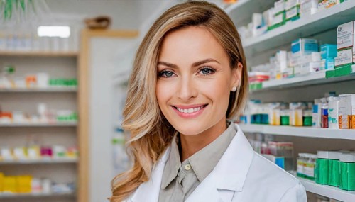AI generated, A young pharmacist in her pharmacy, portrait, 30, 35, years, female, blonde, blond,