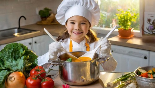 AI generated, human, humans, person, persons, child, children, 8 year old girl cooking a vegetable