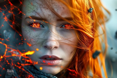 Portrait of a woman with fiery red burning eyes looks as if she has just emerged from the hot lava,