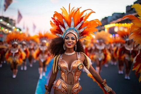 Captivating image capturing the essence of the Rio Carnival, showcasing a dancer adorned in an