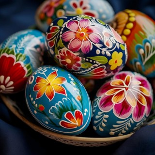 Easter celebration, featuring close up of a collection of brightly colored eggs, each intricately