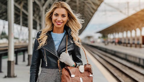 AI generated, A young blonde woman wants to travel and waits for the train at the station, 20, 25,