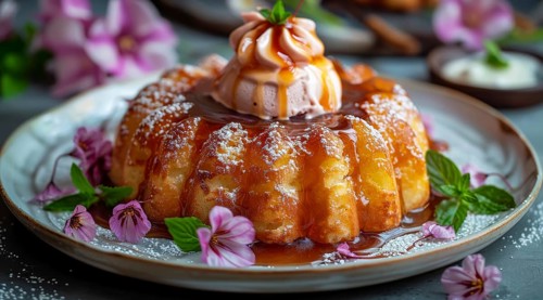 Malva pudding with drizzled icing and whipped cream on a dessert plate with flowers, ai generated,