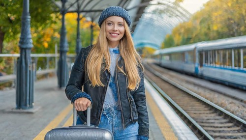 AI generated, A young blonde woman wants to travel and waits for the train at the station, 20, 25,