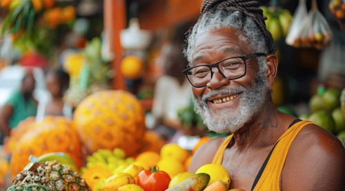 Cheerful elderly man with glasses and gray hair standing at a tropical fruit stand, ai generated,