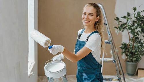 AI generated, woman, woman, a young girl paints a wall with new paint, white, whiter, white,