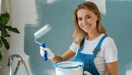 AI generated, woman, woman, a young girl paints a wall with new paint, white, whiter, white,
