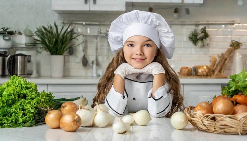 AI generated, human, humans, person, persons, child, children, 8 year old girl cutting onions in a