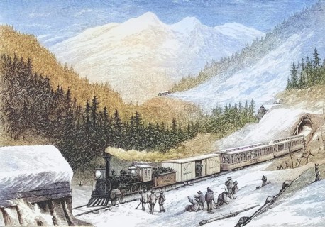 Steam train with US mail through the Sierra Nevada in the 1870s. From American Pictures Drawn With