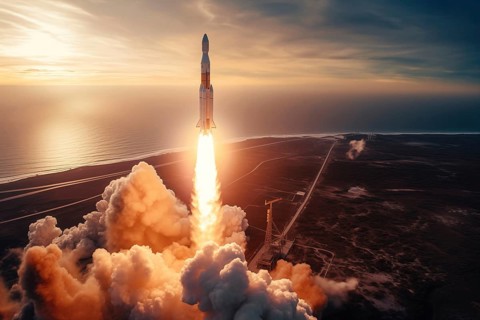 Aerial view of a rocket launch at sunrise sunset over an ocean coast. The rocket is blasting off
