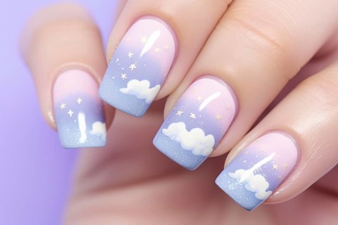 Woman's fingernails with pastel colored cloud design nail polish. KI generiert, generiert AI