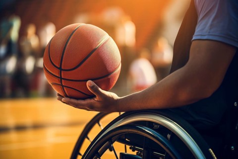 Close up of man in wheelchair holding baseball ball on sports field. KI generiert, generiert AI