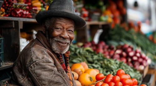 Jovial elderly man in a leather jacket and beret at a rustic fruit stall, ai generated, AI