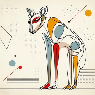 Vibrant abstract geometric design of a fox with bold colors, continuous line art, creature is