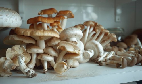 Mushrooms on the shelf in the kitchen. Shallow depth of field. AI generated