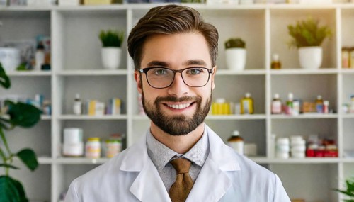 AI generated, A young pharmacist in his pharmacy, portrait, 30, 35, years, man, men, male, bearded,
