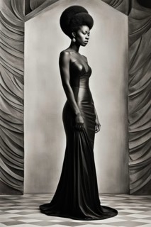 Vibrant black Woman and with a afro hairstyle in a long black dress standing side profile with a