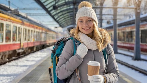 AI generated, A young blonde woman wants to travel and waits for the train at the station, 20, 25,