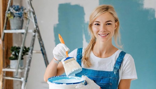 AI generated, woman, woman, a young girl paints a wall with new colour, blue, blue, blue door,