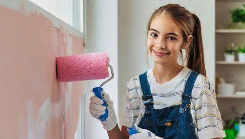 AI generated, woman, woman, a young girl paints a wall with new colour, pink, pink, renovation of