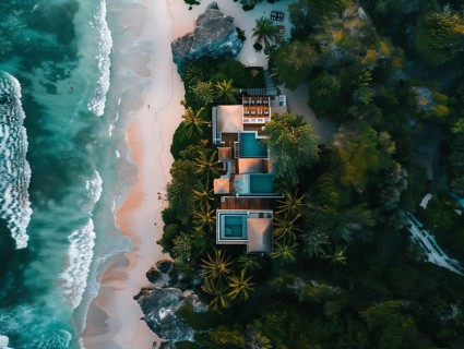 Aerial view of a secluded tropical villa with a thatched roof and pool by a sandy beach, Playa del